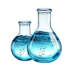 Two glass flasks with blue liquid isolated on transparent background