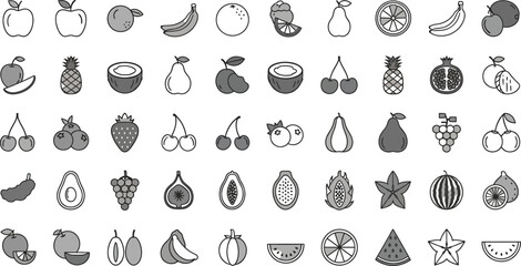 Collection of assorted fruits and vegetables icons in black and white