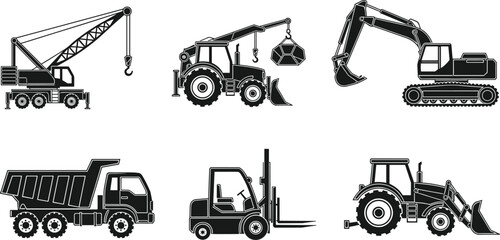 Construction vehicles, industrial machines, crane, excavator, forklift, dump truck, silhouette, heavy equipment, loader, tractor, black and white, icons, tools © Sohel