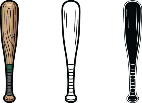 Baseball bat silhouette & Outline and illustration set isolated on transparent background