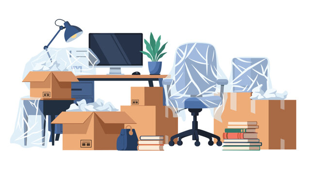 Partially packed office setup featuring a computer desk, wrapped chair, cardboard boxes, and potted plants, illustrating a move.