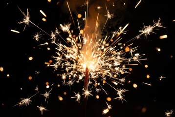 Golden fireworks sparkler bursting with bright light and glowing particles, celebration
