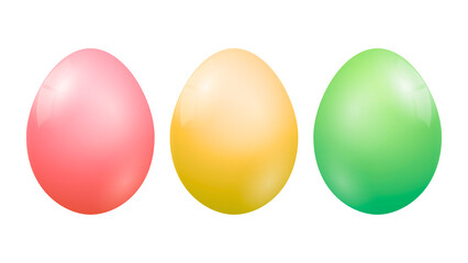 Three easter eggs in pink, yellow, and green on transparent background