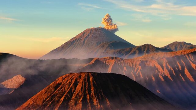 Eruption of the Bromo volcano during sunrise in the Bromo-Tengger-Semeru National Park, East Java, Indonesia. The Tengger volcanic caldera is in cloud and fog. Dawn. 4К