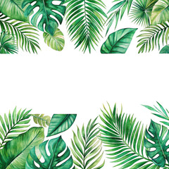Lush, vibrant watercolor painted tropical Monstera and palm leaves with detailed veining and realistic textures are arranged as a decorative border framing a, isolated on transparent background.