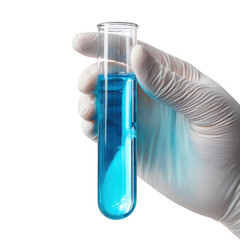 Hand in white glove holding test tube with blue liquid isolated on transparent background