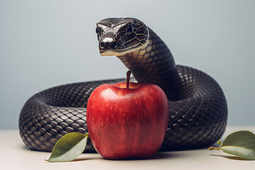 Snake wrapped around apple with leaf