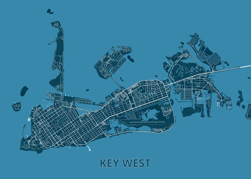 Map of Key West, Florida. The map is rendered in a minimalist style, with a blue background and white lines delineating streets, buildings, and geographical features.