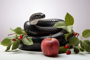 Snake wrapped around apple with leaf 3d rendering white background