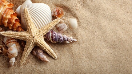 A beautiful starfish and an assortment of seashells resting peacefully on golden beach sand