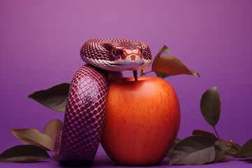 Snake wrapped around apple with leaf