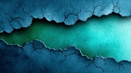 Cracked dark blue texture reveals luminous, vibrant green, light-filled space