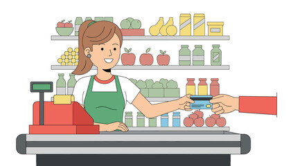 Female cashier in a supermarket accepting a credit card payment from a customer at the checkout counter, surrounded by various products.