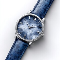 Elegant wristwatch with cloudy blue dial and textured blue leather strap