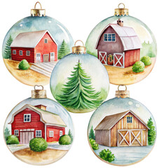 Delicate watercolor-style Christmas ornaments, crafted from clear glass spheres, showcase charming rural scenes of red barns, evergreen trees, and snowy, isolated on transparent background.