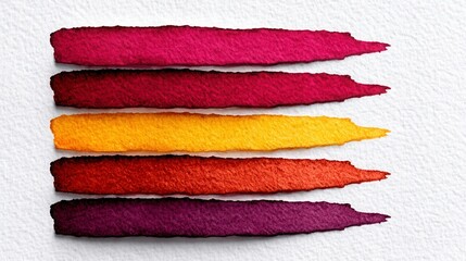 Five textured brushstrokes of vibrant colors on white paper