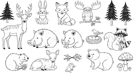 Whimsical Forest Animals Coloring Page for Kids and Adults