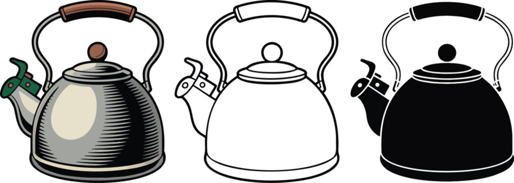 Kettle silhouette & Outline and illustration set isolated on transparent background