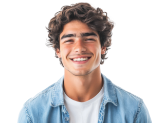 Smiling Young Man with Curly Brown Hair Wearing a Blue Denim Shirt and White T-Shirt Isolated on isolated on a transparent background