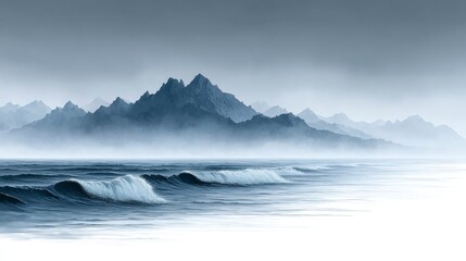 Fototapeta premium Misty mountains and crashing waves in a serene, monochromatic ocean scene