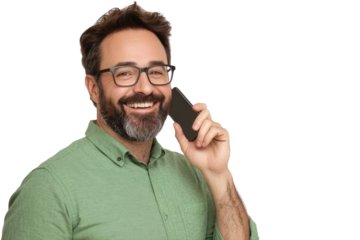Smiling bearded man wearing glasses and green shirt talking on a dark smartphone with a black isolated on a transparent background