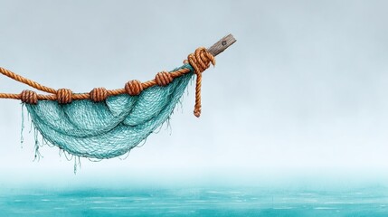 Rough-hewn wood supports a taut fishing net over gentle ocean waves