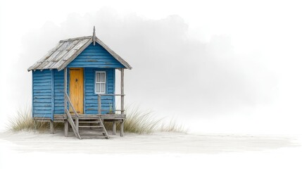Rustic blue wooden beach hut with weathered roof on sandy shore