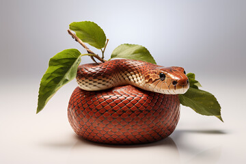 Snake wrapped around apple with leaf 3d rendering white background