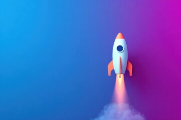 Colorful rocket ship blasting off into the sky with vibrant gradient background and trail of smoke