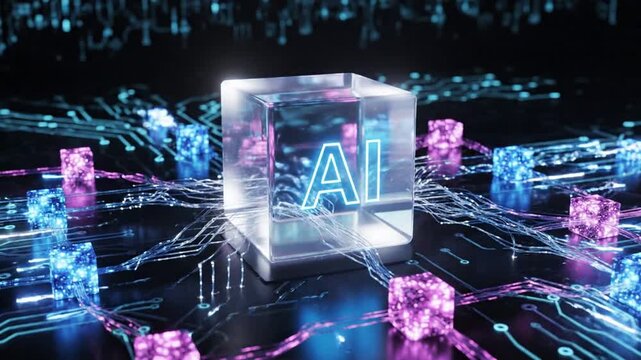 Artificial intelligence data cube glowing in futuristic network system with digital connections