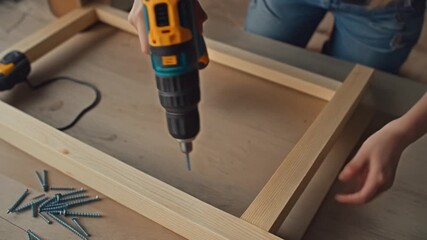 Construction worker safety training demonstrating proper cordless tool handling from overhead and side angles views