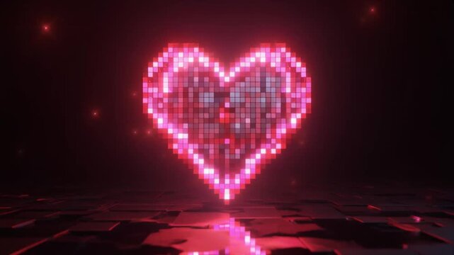 Pixel art heart floating in glowing light with reflections shadows and gentle romantic ambiance mood