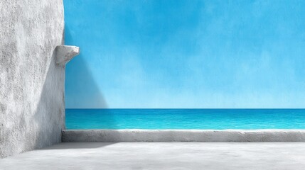 Stark white structure frames vibrant blue ocean under a clear sky