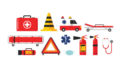 Comprehensive collection of emergency and safety equipment icons, including a first aid kit, ambulance, fire extinguisher, and road safety signs.