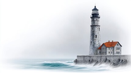 Stone lighthouse on rocky coast, waves crashing, overcast sky