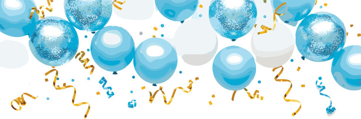 Festive vector illustration featuring blue and white balloons with gold curly ribbons and glitter confetti for birthday parties and anniversary celebration backgrounds.