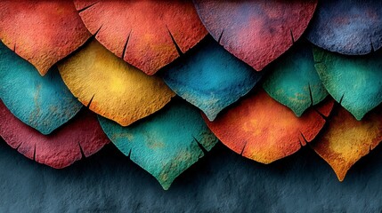 Textured, overlapping leaf shapes in vibrant, abstract hues