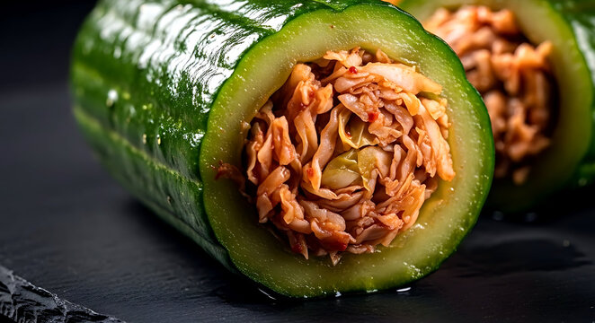 Korean oisobagi stuffed cucumber kimchi with cabbage filling, a cross-section revealing the interior of spicy cabbage stuffing within a crisp cucumber 