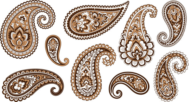 Traditional paisley vector set featuring intricate floral teardrop patterns and ethnic decorative ornaments in brown beige and white for textile and wallpaper designs