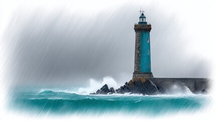 Turqouise tower braves stormy seas on rocky outcrop