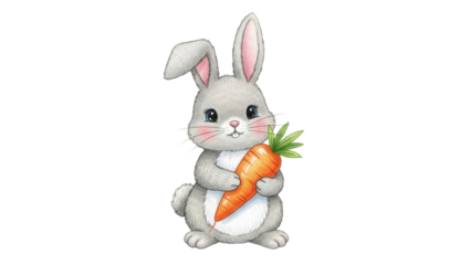 Cute watercolor baby bunny holding an orange carrot, isolated illustration isolated PNG with Transparent Background