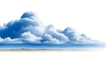 Vast, textured blue clouds hover above a serene, low horizon
