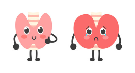Cute thyroid gland characters. Happy healthy and sad sick mascot comparison. Represents hypothyroidism, hyperthyroidism, goiter, and endocrine system health. Vector illustration.