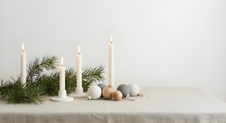 Minimal Christmas Still Life with Candles and Pine Branches