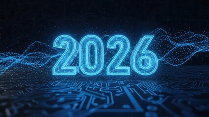 Glowing blue 2026 numbers on circuit board background
