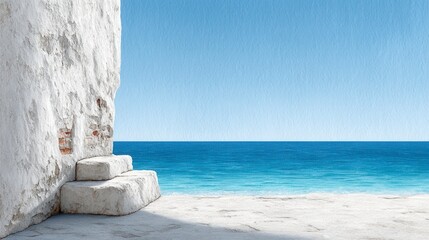 White stucco wall, stone steps, bright blue sea, clear sky