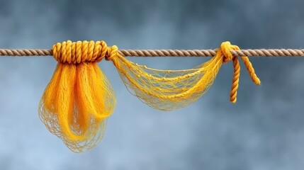 Yellow netting tied with rope against stormy sky
