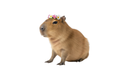 Cute Capybara Wearing Small Flower Crown with Pink and White Flowers isolated PNG with Transparent Background