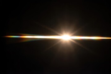 Bright cinematic lens flare with horizontal light streak and colorful spectrum effect.
