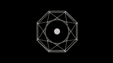 Fototapeta premium Abstract geometric wireframe octagon with central dot and circle on black background. Minimalist digital sacred geometry pattern, modern tech design element.